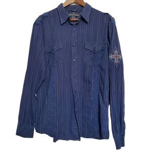 Indigo Star Western Guitar Graphic Shirt Size L Blue Pearl Snap Long Sleeve Mens